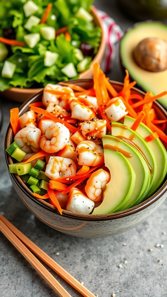 A healthy sushi bowl with shrimp, cucumber, carrots, and avocado, drizzled with dressing and topped with sesame seeds.